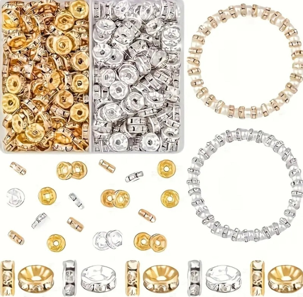 100-Piece Rhinestone Rondelle Spacer Beads Set –  (Gold & Silver Finish)