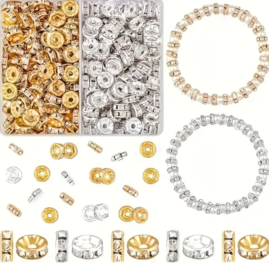 100-Piece Rhinestone Rondelle Spacer Beads Set –  (Gold & Silver Finish)