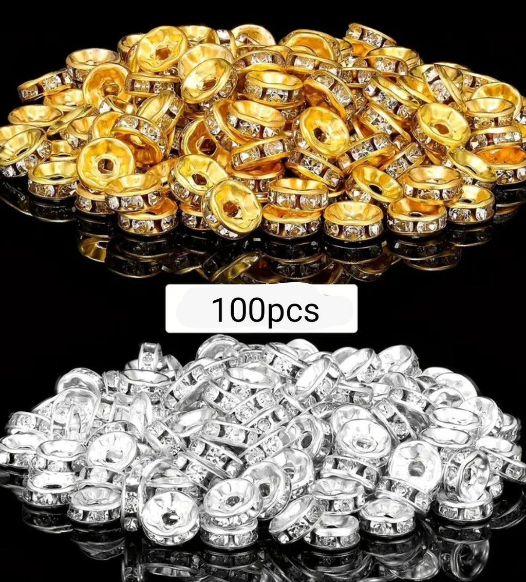 100-Piece Rhinestone Rondelle Spacer Beads Set –  (Gold & Silver Finish)