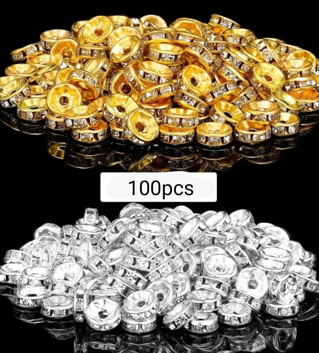 100-Piece Rhinestone Rondelle Spacer Beads Set –  (Gold & Silver Finish)